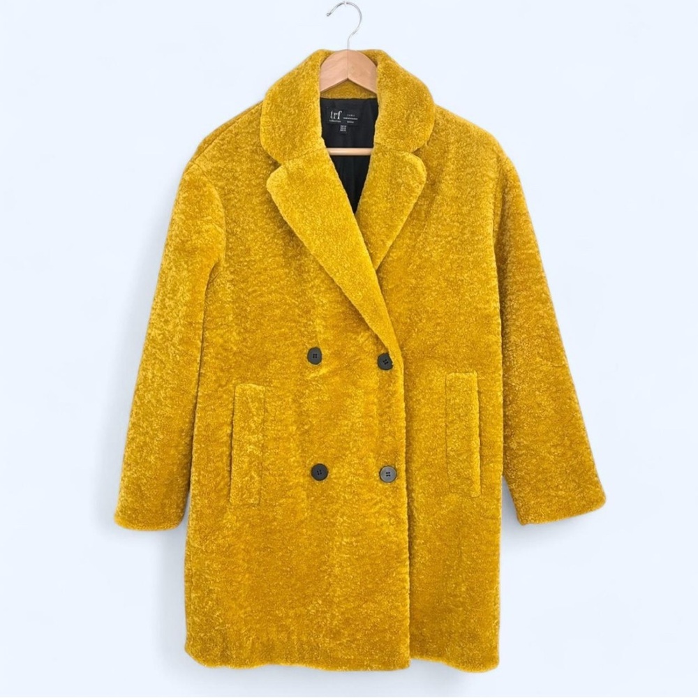 Mustard yellow faux fur teddy coat, size XS, by Zara.